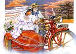  1girl blue_eyes blue_hair bride brown_hair dark_skin dress earrings fushigi_no_umi_no_nadia glasses ground_vehicle jean_coq_de_raltigue jewelry juliet_sleeves long_sleeves motor_vehicle motorcycle nadia puffy_sleeves sadamoto_yoshiyuki scan sidecar tree wedding wedding_dress 