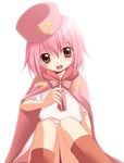  benesse cape fang hat hatena_yousei jyuru pink_cape pink_hair pink_hat short_hair solo 