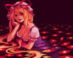  blonde_hair bow gap hair_bow hat head_rest iwamoto_zerogo long_hair looking_at_viewer red_eyes ribbon smile solo touhou yakumo_yukari 