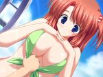  akimoto_nanami artist_request bikini bikini_pull blue_eyes blush breasts cloud day game_cg large_breasts pastel_kitchen pulled_by_another red_hair side_ponytail solo swimsuit 