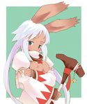  b.tarou blush breast_squeeze breasts duplicate final_fantasy final_fantasy_tactics_advance long_hair lowres medium_breasts nipples solo staff viera white_hair white_mage 