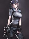  blue_eyes breasts brown_hair fingerless_gloves gloves gun handgun hat holding holding_gun holding_weapon iwai_ryou jill_valentine large_breasts lips pistol resident_evil ribbed_shirt shirt short_hair solo trigger_discipline weapon 
