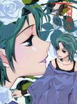  blue_hair flower four_murasame gundam jpeg_artifacts kouga_yun lipstick makeup purple_lipstick rose short_hair tunic white_flower white_rose zeta_gundam 