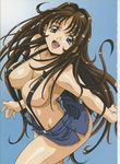  :d amano_yoki bangs breasts brown_hair cleavage copyright_request covered_nipples denim denim_shorts fang fingernails green_eyes hair_intakes highres large_breasts long_fingernails long_hair naked_suspenders open_fly open_mouth parted_bangs revealing_clothes scan shiny shiny_hair short_shorts shorts sideboob simple_background smile solo standing suspenders topless unzipped very_long_hair 