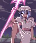  akiyasu bloomers brooch cloud dress emerald gem hat jewelry knee_up looking_at_viewer mob_cap night night_sky oekaki outdoors pink_dress pink_eyes remilia_scarlet short_hair silver_hair sitting sky solo spear_the_gungnir touhou underwear upskirt white_bloomers white_hat 