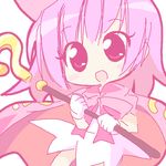  :d benesse bow bowtie cape chibi cowboy_shot dress hatena_yousei holding holding_wand mirai_(sugar) open_mouth pink_cape pink_hair red_bow red_eyes red_neckwear short_hair smile solo staff wand white_dress 