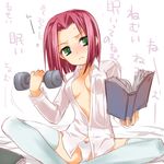  bed blush bob_cut book bow bow_panties breasts code_geass dress_shirt dumbbell exercise frown green_eyes head_tilt kallen_stadtfeld mofmof_(sousa) no_bra no_pants open_clothes open_shirt panties pink_hair reading shirt short_hair sitting small_breasts solo spread_legs sweat thighhighs translation_request underwear weights white_panties 