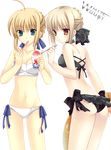  artoria_pendragon_(all) bikini blonde_hair blue_eyes brown_eyes dual_persona fate/stay_night fate_(series) multiple_girls saber saber_alter shaved_ice swimsuit transparent_background wnb_mark 