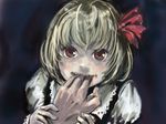  biting blonde_hair blood gaia holding_hand looking_at_viewer red_eyes ribbon rumia short_hair solo_focus touhou 