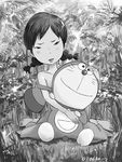  braid doraemon doraemon_(character) forest greyscale monochrome nature solo stuffed_animal stuffed_toy tarao twin_braids 