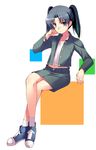  amasawa_yuuko buttons dennou_coil green_jacket green_skirt jacket long_sleeves looking_at_viewer matsuzaki_yutaka open_clothes open_jacket pencil_skirt shoelaces shoes sitting skirt sneakers solo twintails unbuttoned 