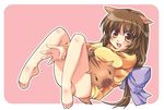  :d animal_ears barefoot blush botan_(clannad) bottomless brown_eyes brown_hair clannad feet ibuki_fuuko long_hair no_panties open_mouth pig_ears pink_background satomi_yoshitaka smile solo 