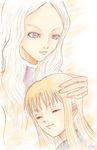  age_difference artist_request blonde_hair clare_(claymore) claymore closed_eyes closed_mouth hug long_hair multiple_girls purple_eyes sidelocks silver_eyes simple_background smile teresa_(claymore) upper_body very_long_hair white_background white_hair yuri 