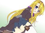  blonde_hair blue_eyes blush carim_gracia fallen_down hair_ribbon holster lyrical_nanoha mahou_shoujo_lyrical_nanoha_strikers no_panties ribbon solo thigh_holster thigh_strap thighhighs uminchu 