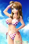  armband bikini blue_eyes breasts brown_hair cloud covered_nipples day dead_or_alive hitomi_(doa) large_breasts onoe polka_dot polka_dot_bikini polka_dot_swimsuit side-tie_bikini sky solo swimsuit 