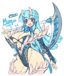  armor big_breasts blue_hair bluesky_melty breasts cleavage cosplay horns large_breasts long_hair mel/a melmaid open_mouth red_eyes scythe smile thighhighs 