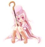  ? benesse cape fang hat hatena_yousei long_hair looking_at_viewer minamura_haruki no_panties open_mouth pink_cape pink_hair pink_hat smile staff 