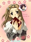  1girl aoi_yuuji blush brown_hair copyright_request engrish grey_eyes hair_ornament hairclip long_hair ranguage 