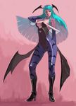  animal_print aqua_hair bat_print boots breasts cleavage demon_girl elbow_gloves gloves head_wings high_heels large_breasts long_hair morrigan_aensland pantyhose print_legwear shoes sochie solo succubus vampire_(game) wings 