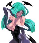  adjusting_hair aqua_eyes bare_shoulders breasts cleavage demon_girl elbow_gloves gloves head_wings large_breasts long_hair morrigan_aensland pantyhose sochie solo succubus vampire_(game) wings 