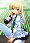  alcohol blonde_hair bottle brown_eyes copyright_request maho_(yakimorokoshi) necktie solo thighhighs wine 