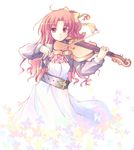  bangs belt bug butterfly copyright_request cropped_jacket dress furai hair_ribbon insect instrument long_hair looking_at_viewer music one_side_up parted_bangs playing_instrument red_eyes red_hair ribbon smile solo violin white_background yellow_ribbon 