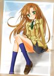  black_skirt blue_legwear brown_hair code_geass collar formal green_eyes green_neckwear loafers long_hair long_sleeves looking_at_viewer miniskirt mofmof_(sousa) necktie school_uniform shirley_fenette shoes sitting skirt solo suit very_long_hair 