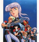  80s :o amy_(gall_force) android bandaid bangs belt black_hair blonde_hair blue_eyes blunt_bangs blush bow brown_hair catty catty_nebulart dark_skin everyone gall_force glasses gloves green_hair gun hair_bow highres long_hair lufy machine_pistol military military_uniform multicolored_hair multiple_girls oldschool open_mouth pantyhose pointing purple_hair purple_legwear red_eyes red_hair rifle shildy short_hair shotgun smile sonoda_ken'ichi space spea_(gall_force) star submachine_gun suppressor turtleneck two-tone_hair uniform weapon yellow_eyes 