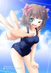  :d amami_haruka aqua_eyes bad_id bad_pixiv_id bangs blunt_bangs blush_stickers brown_hair cloud day hand_on_leg idolmaster idolmaster_(classic) idolmaster_1 komone_ushio leaning_forward one-piece_swimsuit one_eye_closed open_mouth school_swimsuit sky smile solo swimsuit v 