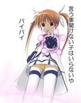  bow dune_(artist) energy_ball fingerless_gloves gloves lyrical_nanoha magic_circle magical_girl mahou_shoujo_lyrical_nanoha mahou_shoujo_lyrical_nanoha_a's panties pantyshot pantyshot_(standing) purple_eyes red_bow red_hair solo standing takamachi_nanoha thighhighs translated twintails underwear waist_cape white_devil 