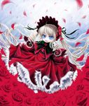  blonde_hair blue_eyes flower highres iseki_(kuroshura_no_tabiji) long_hair petals red_flower red_rose rose rozen_maiden shinku solo twintails 