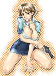  areola_slip areolae bang-you between_breasts breasts cleavage covered_nipples cuffs gun handcuffs handgun large_breasts original pencil_skirt police police_uniform revolver short_hair skirt solo uniform weapon 