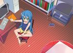  :3 ahoge akitsu_mikami barefoot blue_hair book chair computer controller dualshock game_console game_controller gamepad green_eyes izumi_konata jpeg_artifacts long_hair lucky_star playstation_2 room solo table television 