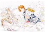  1girl artist_request bouquet couple evangeline_mittermeyer flower ginga_eiyuu_densetsu hetero orange_hair rose short_hair traditional_media uniform watercolor_(medium) white_hair wolfgang_mittermeyer yellow_flower yellow_rose 