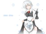  ^_^ apron black_dress breasts closed_eyes cowboy_shot cravat dress dress_lift garter_belt head_tilt juliet_sleeves kotonomiya_yuki lifted_by_self long_sleeves maid maid_headdress medium_breasts puffy_sleeves short_hair silver_hair simple_background solo standing suigetsu suu_(artist) thighhighs white_apron white_background white_legwear wrist_cuffs 