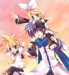  2boys arms_up belt blonde_hair blue_eyes blue_hair brother_and_sister carrying detached_sleeves kagamine_len kagamine_rin kaito long_sleeves looking_at_viewer multiple_boys paco pointing pointing_forward sailor_collar scarf school_uniform serafuku shirt short_hair shoulder_carry siblings spiked_hair twins upper_body vocaloid white_shirt 