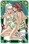  blonde_hair brown_eyes brown_hair cleavage_cutout copyright_request green_eyes hairband long_hair looking_back mihoto_kouji multiple_girls non-web_source one-piece_swimsuit sandals short_hair striped swimsuit 