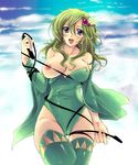  blush breasts cameltoe detached_sleeves final_fantasy final_fantasy_iv flieger green_hair green_leotard large_breasts leotard long_hair purple_eyes rydia solo thighhighs whip wide_hips 
