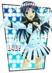  :d band_uniform blue_eyes blue_hair character_name cowboy_shot dress gloves headphones idolmaster idolmaster_(classic) idolmaster_live_for_you! kisaragi_chihaya long_hair long_sleeves looking_at_viewer mizuki_makoto open_mouth outstretched_arms smile solo standing very_long_hair white_dress white_gloves 