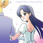  1girl blue_hair cherry_blossoms dress elbow_gloves english formal gloves idolmaster idolmaster_(classic) idolmaster_1 kisaragi_chihaya long_hair p-head_producer pesi producer_(idolmaster) suit wedding_dress 