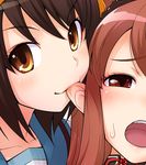  asahina_mikuru biting blue_sailor_collar blush brown_hair ear_biting face ha-ru kita_high_school_uniform looking_at_viewer multiple_girls sailor_collar school_uniform serafuku short_hair suzumiya_haruhi suzumiya_haruhi_no_yuuutsu yuri 