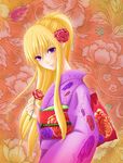  banned_artist blonde_hair floral_print flower hair_flower hair_ornament japanese_clothes kimono long_hair purple_eyes rose solo touhou yakumo_yukari yuuka_nonoko 