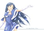  :d black_hair blue_dress brown_eyes capelet choker cute_&amp;_girly_(idolmaster) dated dress feathers fur_trim glint gloves happy_birthday idolmaster idolmaster_(classic) idolmaster_1 kisaragi_chihaya long_hair nishi_(count2.4) open_mouth simple_background smile solo upper_body white_background white_gloves 