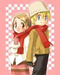  1girl artist_request blush clover couple digimon digimon_adventure_02 four-leaf_clover gloves hair_ornament hairclip hat hetero holding_hands interlocked_fingers lowres red_scarf scarf shared_scarf takaishi_takeru yagami_hikari 