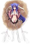  ahoge animal_ears bangs belt blue_hair breasts cat_ears coffee_cat earrings invisible jewelry long_hair medium_breasts navel original purple_eyes sarashi solo standing work_in_progress zipper 