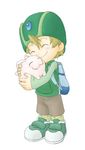  artist_request backpack bag blonde_hair blush closed_eyes digimon digimon_adventure happy hat hug lowres shorts simple_background smile solo takaishi_takeru tokomon 