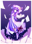  bangs book bow dress full_body hat looking_at_viewer moru_pomu_po open_book open_mouth pages patchouli_knowledge purple_background purple_dress purple_eyes purple_hair socks solo striped touhou 