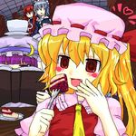  4girls :d ascot bat_wings blonde_hair blush_stickers cake crescent fang flandre_scarlet food fork hat head_wings heart izayoi_sakuya koakuma kt2 long_hair lowres maid maid_headdress multiple_girls object_on_head oekaki one_side_up open_mouth pastry patchouli_knowledge purple_eyes purple_hair red_eyes red_hair short_hair silver_hair smile touhou wings |_| 