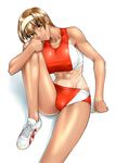  abs bang-you bra breasts huge_breasts kashiwagi_azusa kizuato lingerie midriff muscle one-piece_tan shiny shiny_skin shoes short_hair sneakers solo sports_bra tan tanline track_and_field underwear 