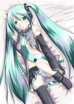  bed blue_hair blush detached_sleeves dune_(artist) hatsune_miku long_hair lying necktie open_clothes open_shirt panties shirt solo striped striped_panties thighhighs twintails underwear undressing vocaloid 